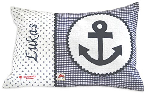 Glückspilz Namenskissen Babykissen I Anker Maritim I mit Namen personalisiert I Geschenk zu Geburt, Taufe, Geburtstag I Blau I 30 x 45 cm