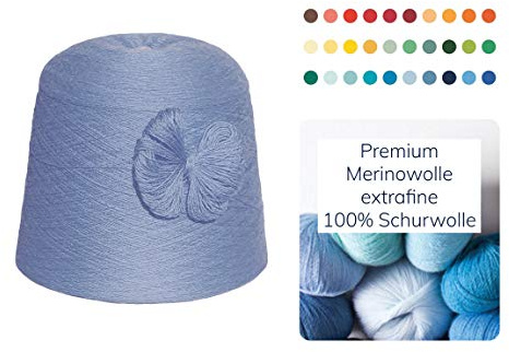 Strickwolle 1 kg 1000g Merinowolle Extrafine 100% Schurwolle Schafwolle Handstrick Wolle zum Stricken Häkelwolle Häkeln Garn Nadel 2,5 3 3,5 4 - Blau Rauchblau