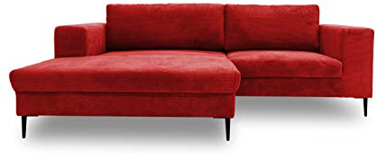 DOMO Collection Modica Ecksofa, moderne L-Form, kleine Ecke, Eckcouch, Sofa Eckgarnitur, Cord, rot, 244x173x83 | Longchair links mit breitem Sitzbereich, moderne L-Form aus Cord mit schwarzem Metallfuß, 244 x 173 x 83 cm (BxTxH)