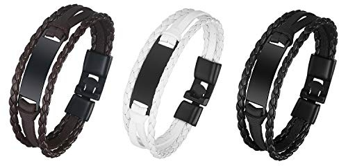 JewelryWe Lederarmband Herren Leder Armband: 3pcs Mehrschichtig Geflochten Manschette Armreif Armspange mit Schwarz Edelstahl Gravurplatte Vintage Wickelarmband Schmuck Geschenk für Männer Frauen