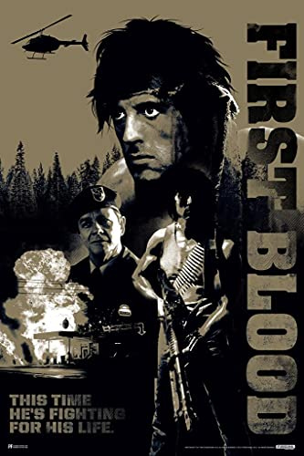 Rambo First Blood Camo Montage Camouflage Art Retro Vintage 80s Movie Theater Decor Memorabilia Action Film Sylvester Stallone Series Collection Classic War Cool Wall Art Print Poster 24x36