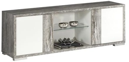AltoBuy Denys - Meuble TV 2 Portes Laqué Blanc et Effet Bois Taupe
