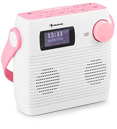 Auna Splash Radio de Douche, Radio Dab, BT Dab+/FM IPX4, Radio Dab+ avec Port USB Prise Casque USB-C Batterie, Radio numérique, Blanc-Rose