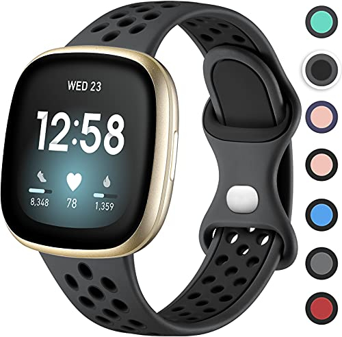Upeak Sportarmband Kompatibel mit Fitbit Versa 3 Armband/Versa 4 Armband/Fitbit Sense Armband/Sense 2 Armband, Atmungsaktiv Silikon Doppelloch Schnappschnalle Ersatzband, Groß, Holzkohle/Schwarz