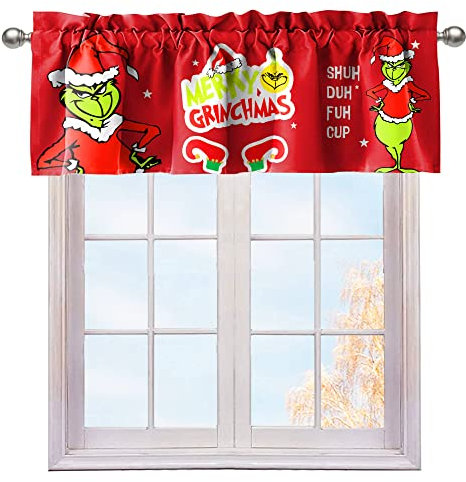 Grinch Fenstervorhang, Volant, Weihnachten, lustiger Urlaub, Küche, Vorhang mit Stangentasche, 132,1 x 45,7 cm, Winter, kleines Badezimmer, Wäsche, Zuhause, Fensterdekoration, Vorhang
