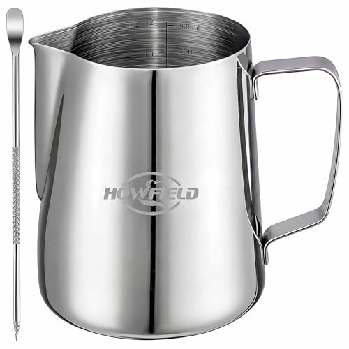 HOWFIELD Pichet à mousse de lait 350 ml en acier inoxydable 304 avec stylo et balance de qualité barista pour cappuccino, latte, usage domestique et commercial