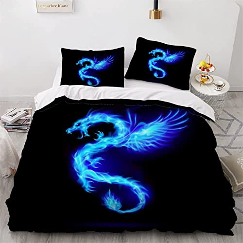 TAKOLI Bettwäsche 135 x 200 Blauer Drache, Weiche Microfaser Leuchtender Drache Bettwäsche Set 2 teilig - Schwarz Bettbezug & 1 Kissenbezüg 80x80, mit Reißverschluss
