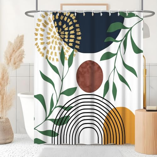 Uiiooazy Duschvorhang 240x180cm Anti Schimmel Grüne Blätter Abstrakt Modern | Duschvorhang Blau Marine Braun Gemustert Wasserdicht Stoff Polyester Waschbar Bad Vorhang mit 16 Haken für Badezimmer