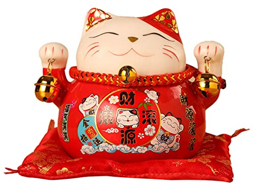 Jenngaoo Ceramic Lucky Cat, 4.5 Inch Waving Lucky Cat Statue Japanese Lucky Cat Figurine Beckoning Cat Ornately Decorate for Attract Wealth Business Opening(Red)