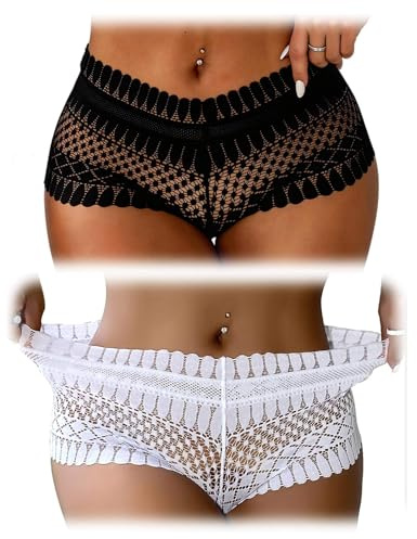 comeondear Culottes Sexy Femme Tanga String Chic Hot Dentelle Taille Basse Slips Stretch sous-Vêtements Doublure en Coton Bikini Grande Taille(Multicolore,3XL-4XL)