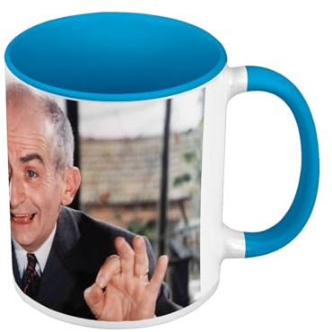 Kaffeebecher in Premium-Qualität, Blau – Louis de Funes wie auf Rollen – Tasse mit Henkel und farbigem Innenfutter