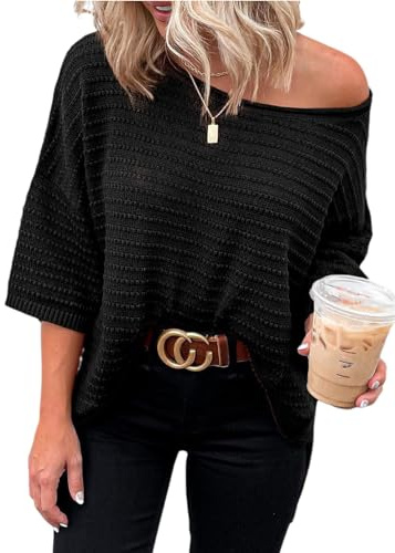 Cuptacc Top Femme ete 2024 Trendy Manches 3/4 Sexy Haut Col Rond Tricoté Pulls Noir, Moyen M 38-40