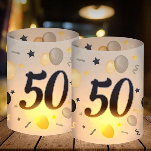 12 Windlicht Tischdeko 50 Geburtstag, Deko 50. Geburtstag Mann Frau, 50 Jahre Happy Birthday Tischdeko Schwarz Gold, Geeignet für Teelichter oder Kerzen