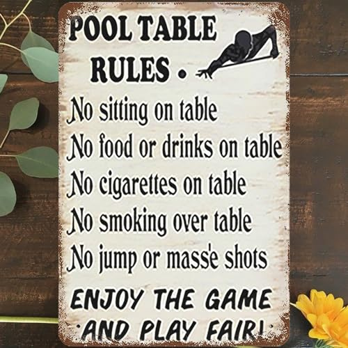 Vintage Metal Tin Sign 8x12, Pool Table Rules Wall Art Decor, No Sitting On Table,No Food Or Drinks On Tale,Enjoy Game And Play Fair Poster for Home Living Room Bedroom Garden Garage