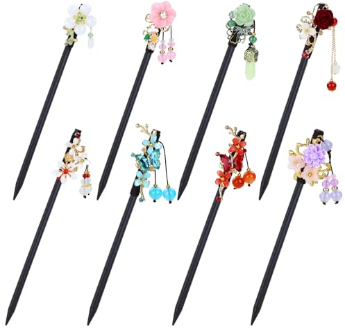 inSowni 8 Pieces Retro Asian Chinese Traditional Hanfu Butterfly Flower Wooden Hair Sticks Hairpins with Bead Pendants Hair Chopsticks Forks Bun Updo Holders for Women Girls (Multicolor S3)