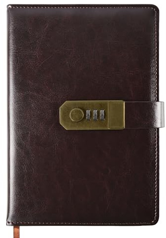 Qefuna Tagebuch mit Schloss, A5 PU Leder Tagebuch mit Code 200 Seiten, 100Gsm Papier, Vintage Reading Journal Tagebuch mit Schloss für Frauen & Männer,(Kaffee)