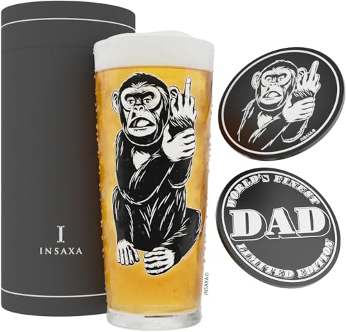 Insaxa Father's Day Gifts Dad Gifts - Cheeky Monkey Dad Beer Glass (1 Pint/580ml) and 2 Silicone Coasters - Birthday Christmas Presents for Father's Day Gift Cider Glass