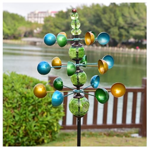 Windmill Garden Large 3-Stage Garden Stake with Crinkle Balls Made of Glass Garden Decoration Wind Chime Metal for Outdoor Use Patio