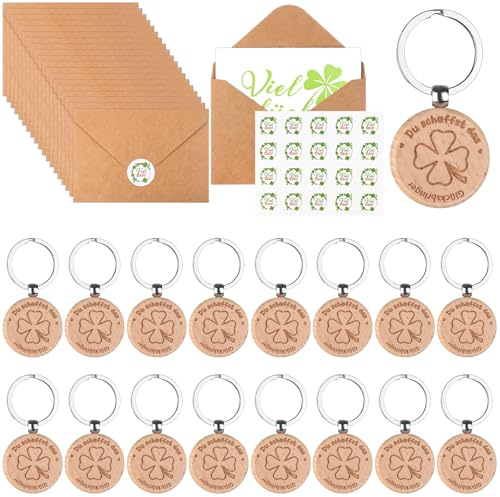 HAOWANWW 20Set Schlüsselanhänger Holz Kleeblatt Glücksbringer,Viel Glück Schlüsselanhänger Holz Gravur,Abschiedskarte Umschlägen und Aufkleber,Schlüsselanhänger Kleeblatt Rund für Dekoration