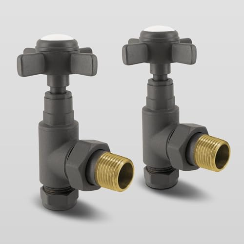 VANCOCO 1/2×15mm Anthracite Traditional Radiator Valve Angled (Pair) - Traditional Radiator Valves with Cross Handwheel Suitable for Heated Towel Rails or Central Heating Systems