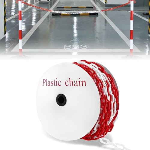 ROSEJANE 25m Absperrkette Rot Weiß Kunststoffkette 6 mm Durchmesser, Plastikkette von Gefahrenzonen, Baustellen, Arbeitsbereichen und Garagen, UV-beständig & frostresistent