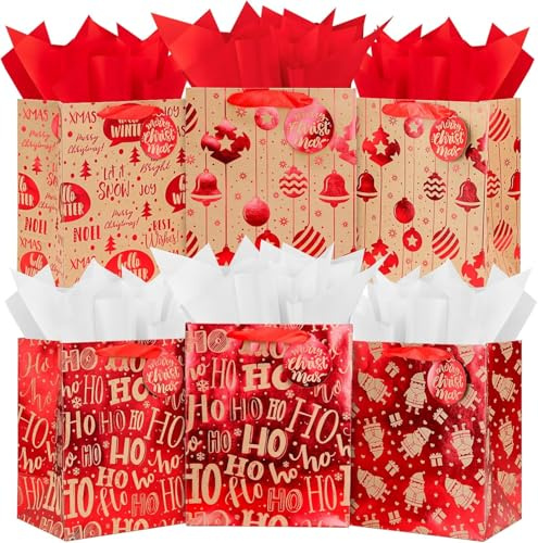 KAHEIGN 12Pcs Weihnachten Geschenktaschen Weihnachtstüten Geschenktüten, 25 x 20 x 13 cm Metallic-rote Folienpapiertüten Weihnachtsmotiv Geschenktüten mit Seidenpapier, Namensschild und Bandgriff