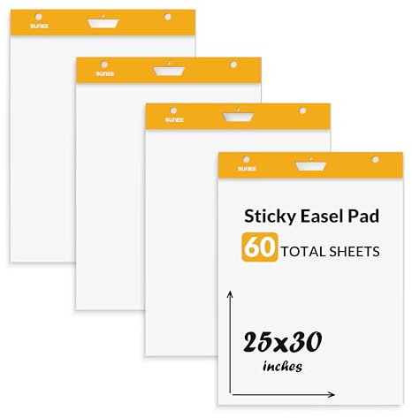 SUNEE Selbstklebende Staffeleiblöcke, 63,5 x 76,2 cm, 30 Blatt/Block, 4 Stück, selbstklebendes Flipchart-Papier für Whiteboards, hochwertiges großes weißes Kartenpapier