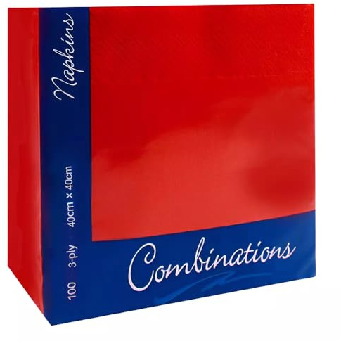 Tezraftaar® 100 x Paper Napkins Disposable 40cm x 40cm 3Ply Red Serviettes Tissue Paper for Catering Supply Tableware Weddings Christmas Birthday Parties