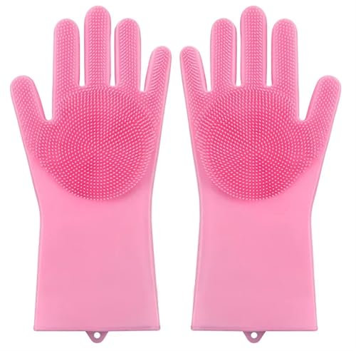 PUYUNA Rubber Gloves,Rubber Gloves 5 Pairs Reusable Dishwashing Gloves Silicone Household Sponge Scrubber Portable Kitchen Dishwashing Cleaning Gloves Dishwashing Gloves(Grey)(Pink)