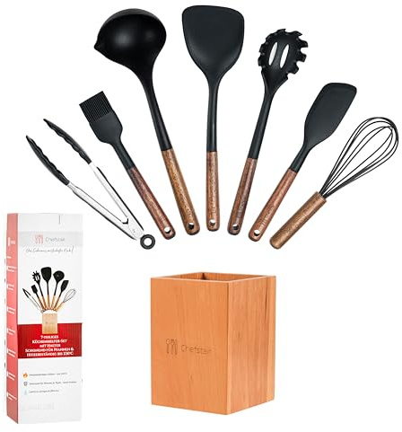 Chefstair® Küchenhelfer Set – 7-teilig | Nachhaltig & BPA-frei | FSC-zertifiziertes Akazienholz & Hitzebeständiges Silikon | Anti-Kratzer & Spülmaschinenfest | Perfekt für Pfannen & Töpfe