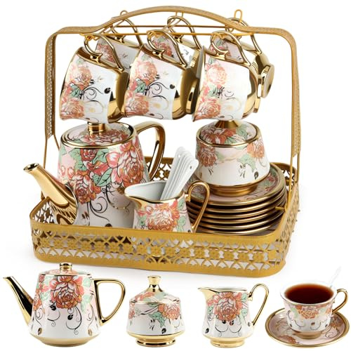 Juego de té de porcelana de 220 ml y platillo con tetera de 1100 ml, juego de té de lujo por la tarde, taza de café británica, juego de tazas de café de cerámica, con soporte de metal, para bodas