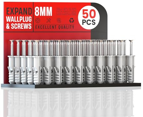 Screws and Wall Plugs Set 50 Pcs 8mm Masonry Brick Concrete Fixings Plugs Assortment Kit Plugs and Screws in Compartment Box Zinc Galvanized 3 Different Size