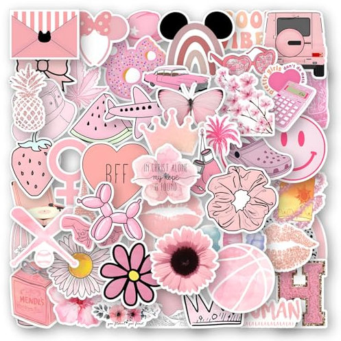 50 Pcs Cute Stickers for Kindle, Kawaii Pink Preppy Stickers Aesthetic, Waterproof Self Adhesive Laptops Sticker for Girls Suitcases, Skateboards, Water Bottles, Smartphone