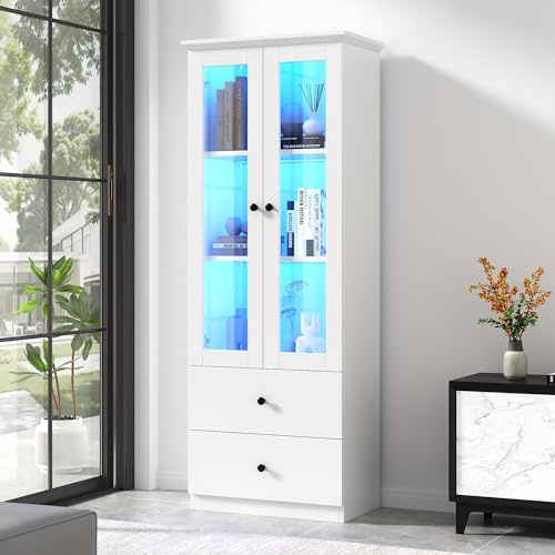 Merax Vitrine mit LED-Lichtern, Glasvitrine mit Schubladen und verstellbaren Fachböden, Modern Vitrinenschrank Bücherschrank Sammlervitrine, Hochschränk für Küchen Wohnzimmer Schlafzimmer Büro, Weiß