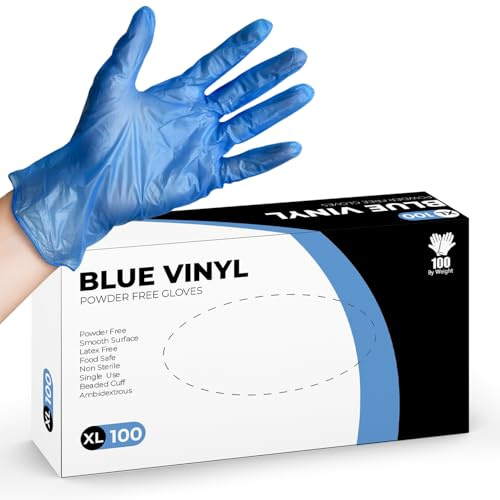 PANKTI Guantes desechables azules, paquete de 100, guantes de vinilo sin látex y sin polvo, fuertes y resistentes a pinchazos, ajuste cómodo para limpieza, peluquería y uso multiusos (XL, 100