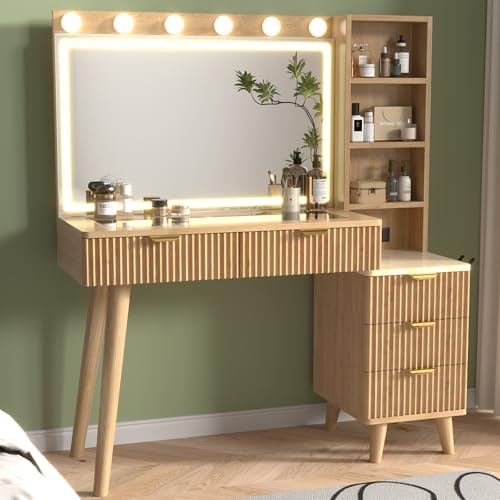 Bvewg 110cm Großer Schminktisch mit Beleuchtung und 80cm Spiegel, moderner Schminktisch aus Holz mit Glasplatte, Schminktisch mit Schubladen und Ablagen,Dressing Table für Schlafzimmer-US-Steckertyp