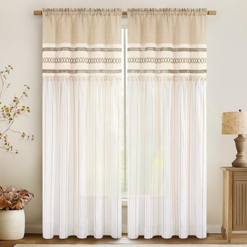 Alishomtll Linen Curtains for Living Room 2 Panels, Beige Striped Window Curtain 84 Inch Drop, Vintage Light Filtering Curtains for Bedroom, Boho Crochet Drapes with Rod Pocket, 52 x 84 inch
