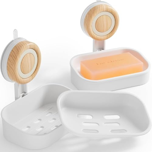 Double Layer Soap Dish for Shower 2 Pack, Wall Mounted Bar Soap Holder Suction Cup 2 Layer Self Draining Soap Case Sponge Holder for Shower Bathroom, Tub and Kitchen Sink, Drill-Free Tray (PureWhite)