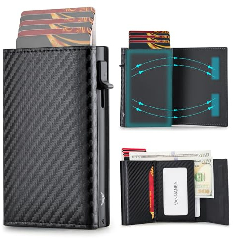 VANNANBA Mens Wallet Card Holder, Pop Up Aluminum Case Smart Wallet for Men RFID Blocking Trifold Slim Magnetic Closure, 9-13 Card Capacity | ID Window | Cash Slot