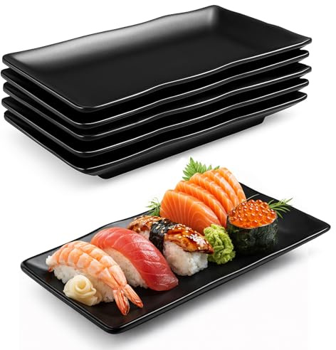 Chingcoo Svarta rektangulära melamintallrikar, serveringstallrikar för sushi, aptitretare, desserter, sallader, frukt och sidorätter, stapelbara, robusta och diskmaskinssäkra (6 st)