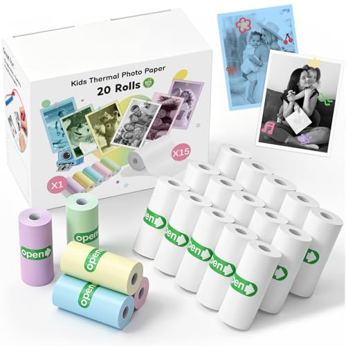 Zivacate 20 Rollen Thermopapier Kinderkamera 57 × 25 mm | 6 Farben Thermodruckerpapier, tintenfreies Druckpapier für Mini Drucker und Kinderkamera mit Sofortdruck