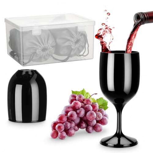 Romon 2 Piezas 200ml Copas de Vino Plástico Llevar Negras, Copa Plastico Desmontables Antirrotura, con Caja de Almacenamiento y Bolsas Impermeables, para Festivales Camping Picnics