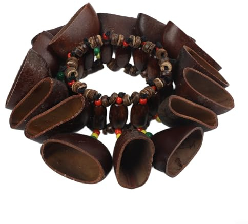 Afrikanisches Knöchelrassel-Armband, Percussion-Instrument mit natürlichen Nüssen Muscheln und Holzring, handgefertigte Handglocke für Schlagzeug und Conga-Auftritte