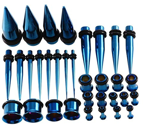 Générique Kit de 36 Pièces en Acier Inoxydable Comprenant des Tiges, des Tunnels et des Plugs (14G 00G) pour L'étirement des Oreilles – Bijoux de Départ, Bleu Foncé