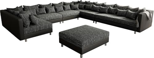 DELIFE Couch Clovis XXL Schwarz mit Hocker Ottomane Rechts Wohnlandschaft | Modulsofa