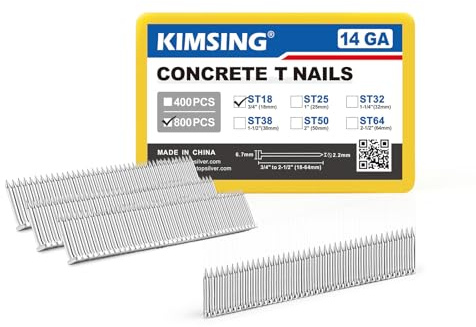 KIMSING ST18 Concrete Nails, 14 Gauge 18mm, Galvanized, 800PCS/BOX, Concrete T Nails for Air Power Heavy Duty Pneumatic Concrete Nailer, Concrete T Nail Gun