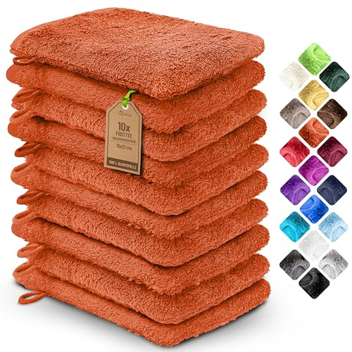 NatureMark 10x Waschhandschuhe aus Frottee 100% Baumwolle – Weich und Robust, Ideal für die tägliche Pflege und Gäste – Terrakotta, 15x21 cm