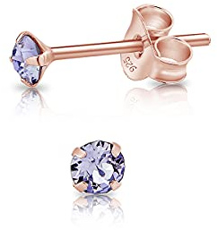 Pendientes de Botón Plata Ley 925 Chapados Oro Rosa 18K on Cristales Brillantes Lila 3 mm - Pendientes Dorados para Mujer - Punto de Luz Hipoalergénicos