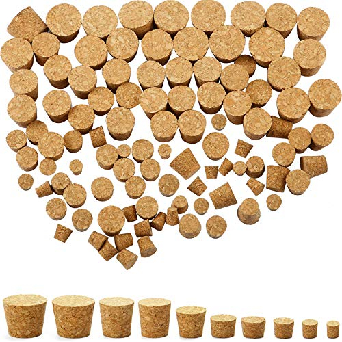 Jetec 100 Pack Assorted Cork Stoppers Wine Bottle Corks Plugs 10 Sizes Replacement Tapered Wooden Wine Stoppers for Apothecary Jar Small Bottle DIY Projects