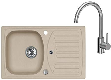 VBChome Spülbecken mit Armatur 78 x 48 cm Beige Drexexcenter Granit Einzelbecken Einbauspüle Abtroffläche gesprenkelt reversibel Verbundspüle + Siphon